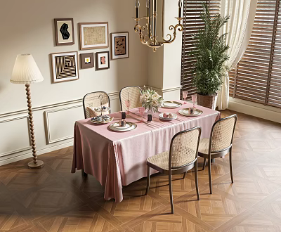 Elegant Dining Table Set With Pink Tablecloth Wicker Chairs Chandelier And Potted Plant 3d model