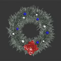 Green Plant Wreath Decorated With Blue White Balls And Red Flower Accent