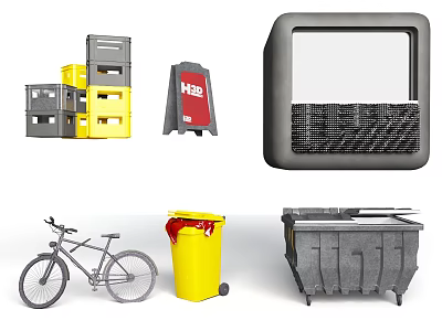 Waste Management Items Including Crates Wet Floor Sign Container Bicycle Trash Bin And Dumpster 3d model