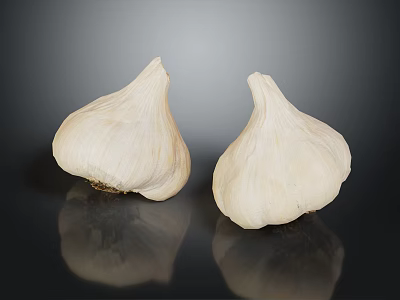 Fresh Garlic Bulbs on Black Reflective Surface Two Whole Vegetables with Shiny Reflections 3d model