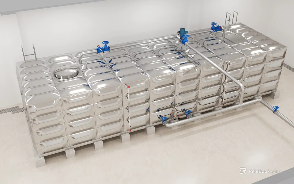 Public Stainless Steel Water Storage Tanks With Piping And Valves System 3d model 