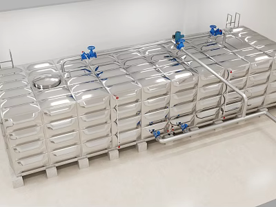 Public Stainless Steel Water Storage Tanks With Piping And Valves System 3d model