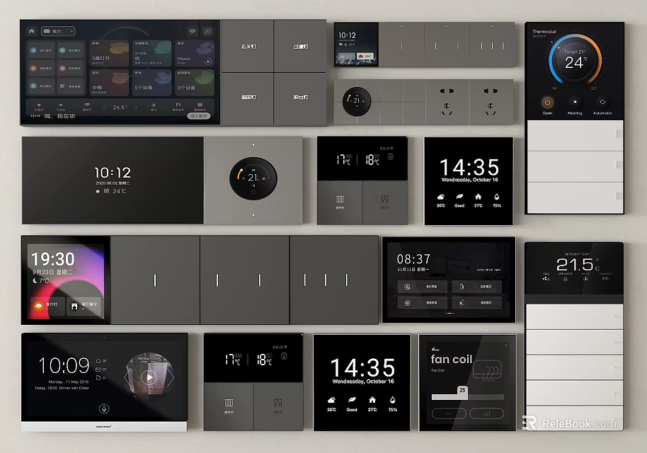 Smart Switch Panels with Modern Design Featuring Time Temperature Display and Fan Control Functions 3d model 