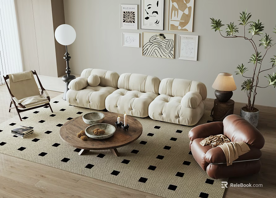 Plush Beige Sofa With Round Wooden Coffee Table On Black White Checkered Rug 3d model 