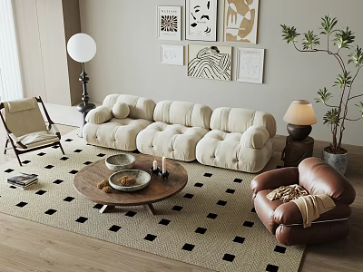 Plush Beige Sofa With Round Wooden Coffee Table On Black White Checkered Rug 3d model