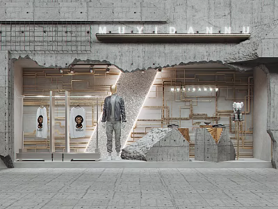 Modern Fashion Store Window Display Featuring Concrete Wall Mannequin Clothing Steps And Lighting 3d model