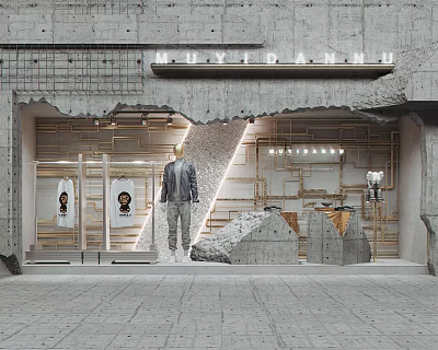 Modern Fashion Store Window Display Featuring Concrete Wall Mannequin Clothing Steps And Lighting 3d model