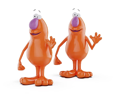 Two Cute Orange Cartoon Characters With Purple Noses Smiling Faces And Outstretched Arms 3d model