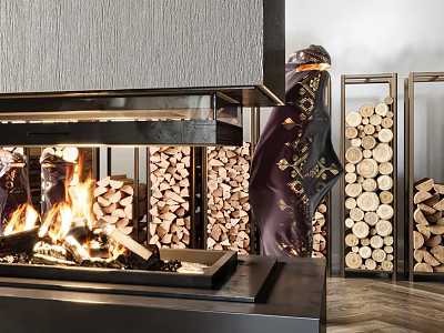 Modern Fireplace With Burning Flames Stacked Wood Logs And Wood Storage Racks 3d model