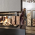 Modern Fireplace With Burning Flames Stacked Wood Logs And Wood Storage Racks