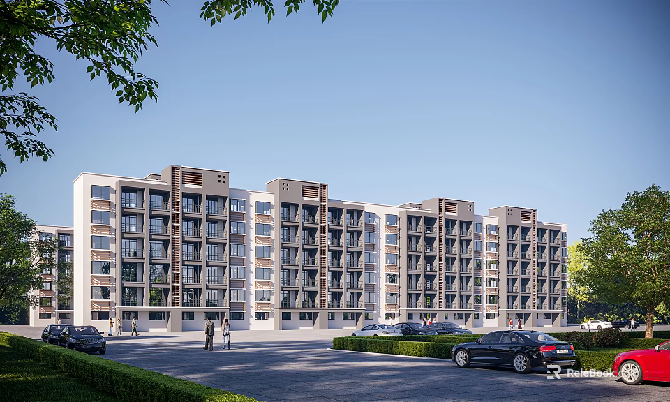 Modern Multistory School Building With Classroom Windows Green Surroundings Parking Area Trees And Students Walking 3d model 