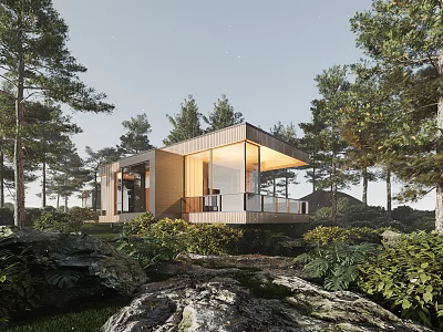 Modern Detached House Surrounded by Trees With Large Glass Windows And Wooden Deck 3d model