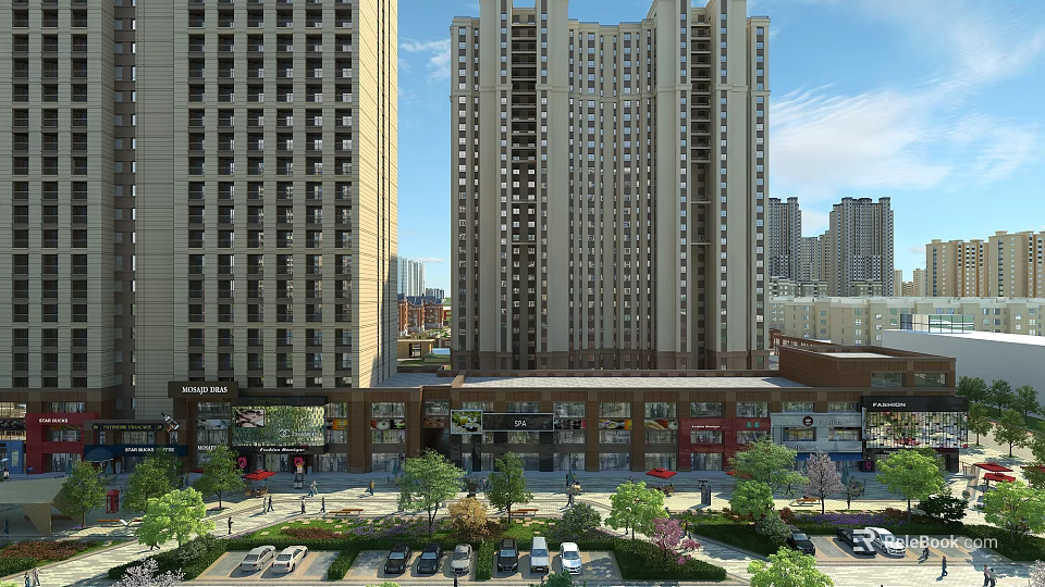 Bustling Commercial Street With High Rise Buildings Shops Trees And Parking Area 3d model 