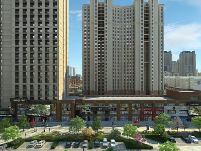 Bustling Commercial Street With High Rise Buildings Shops Trees And Parking Area 3d model