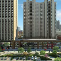 Bustling Commercial Street With High Rise Buildings Shops Trees And Parking Area