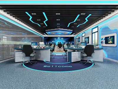 Modern Monitoring Control Room With Multiple Monitor Screens Ergonomic Chairs And Blue LED Lighting 3d model