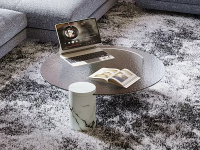 Glass Coffee Table With Laptop Open Book And Marble Cylinder On Grey Sofa Rug 3d model