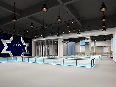 Modern Fitness Gym Interior With Star Logo And Glass Railings Training Area 3d model