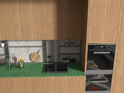 Wooden Kitchen Cabinets With Green Countertop Gray Wall Open Shelves And Oven 3d model