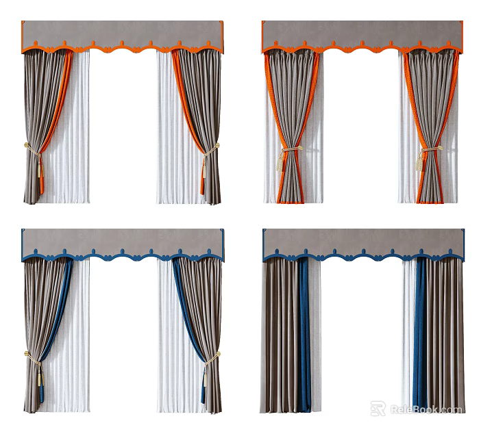 Modern Curtains With Scalloped Valance Striped Panels Orange Blue Accents And Tiebacks 3d model 
