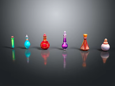 Colorful Decorative Glass Bottles With Various Shapes And Vibrant Hues On Reflective Surface 3d model