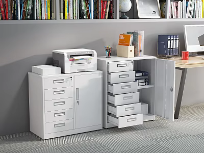 White Office Bookcase With Filing Cabinet Printer Globe And Books In Workspace 3d model