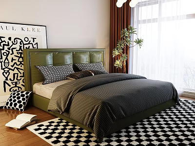 Modern Double Bed With Green Headboard Striped Duvet Patterned Pillows And Checkered Rug 3d model