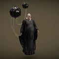 Bald Obese Game Movie Character In Black Robe With Hanging Black Spherical Objects