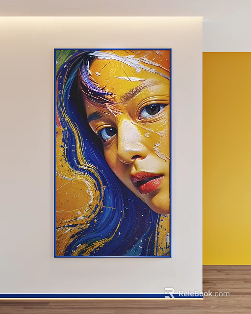 Vibrant Female Portrait Painting With Yellow And Blue Abstract Brush Strokes 3d model 