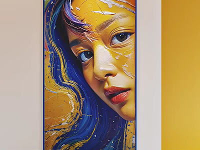 Vibrant Female Portrait Painting With Yellow And Blue Abstract Brush Strokes 3d model