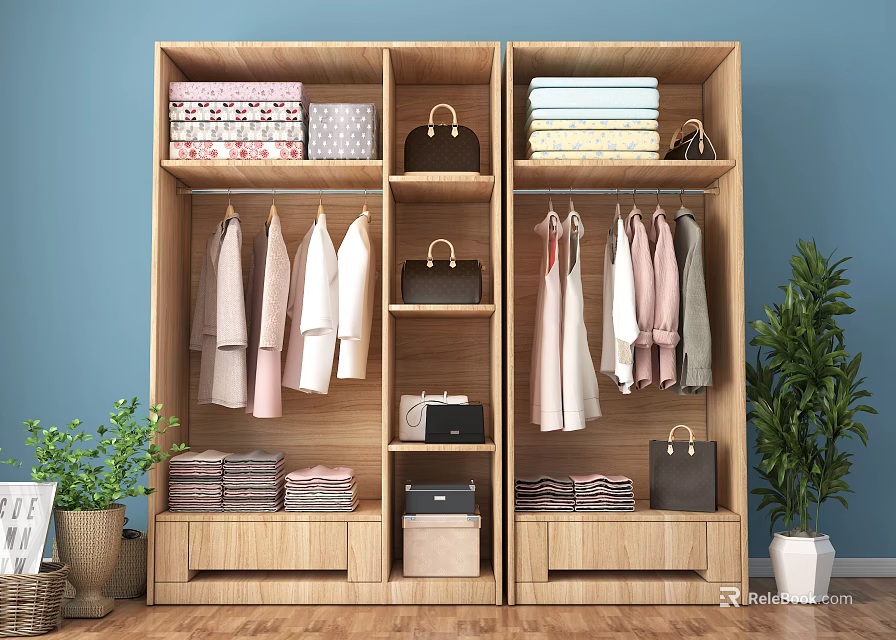 Modern Wooden Double Door Wardrobe With Hanging Folded Clothes Storage Boxes And Green Plants 3d model 