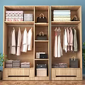 Modern Wooden Double Door Wardrobe With Hanging Folded Clothes Storage Boxes And Green Plants