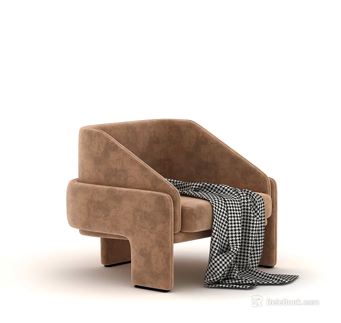 Stylish Brown Modern Single Sofa with Checkered Blanket and Soft Fabric Design 3d model
