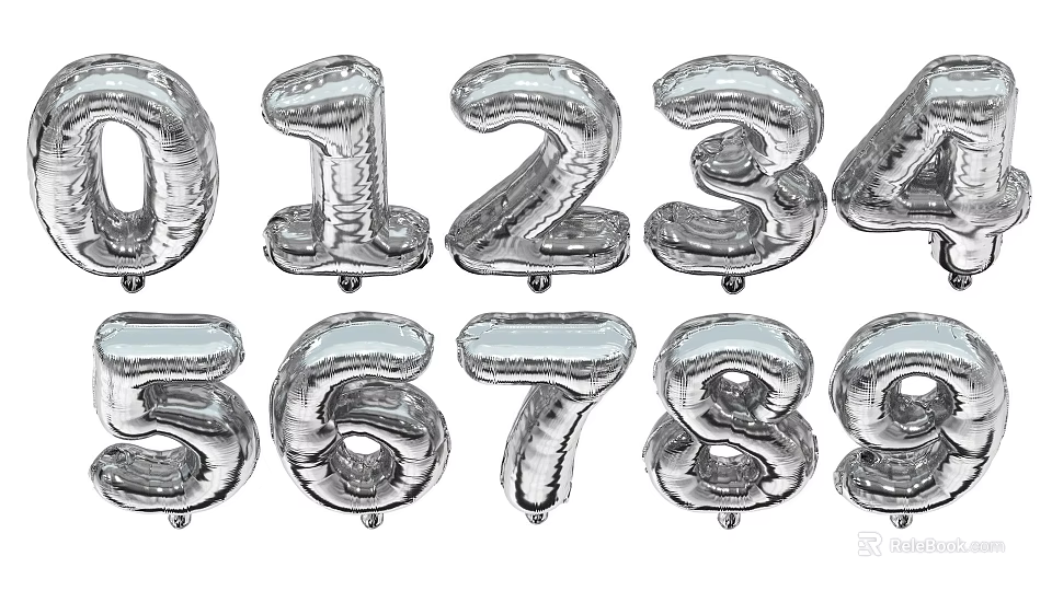 Silver Metallic Number Balloons Set From Zero To Nine For Birthday Party Decorations 3d model 