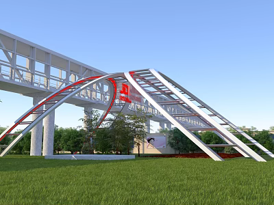 Modern Landscape Bridge With Red And White Metal Arch Structure And Green Grassland Trees 3d model