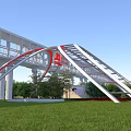 Modern Landscape Bridge With Red And White Metal Arch Structure And Green Grassland Trees