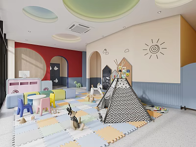 Colorful Kindergarten Indoor Playroom With Teepee Tent Play Mats Toys And Decorative Walls 3d model
