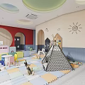Colorful Kindergarten Indoor Playroom With Teepee Tent Play Mats Toys And Decorative Walls