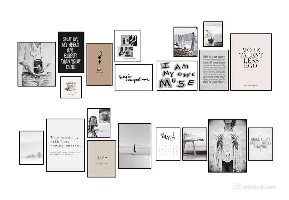 Minimalist Photo Wall With Various Black And White Photos Inspirational Quotes And Text Decor 3d model 