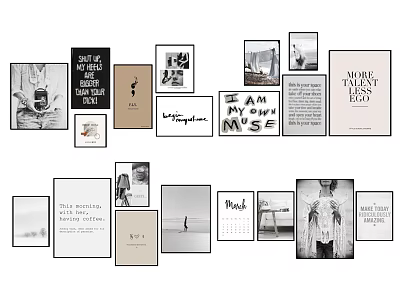 Minimalist Photo Wall With Various Black And White Photos Inspirational Quotes And Text Decor 3d model