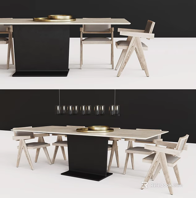 Modern Dining Table Set With Light Wood Chairs Black Base Transparent Pendant Lights And Tray 3d model 