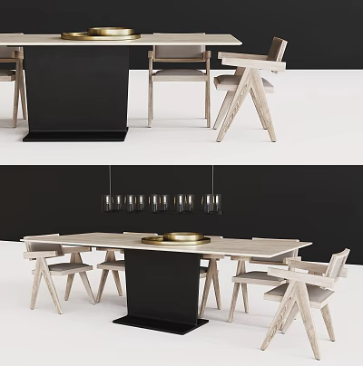Modern Dining Table Set With Light Wood Chairs Black Base Transparent Pendant Lights And Tray 3d model