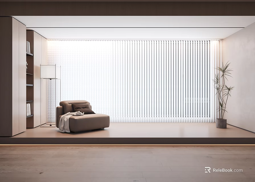 Minimalist Living Room Interior With Vertical Striped Curtains Armchair Floor Lamp And Potted Plant 3d model 