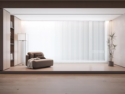 Minimalist Living Room Interior With Vertical Striped Curtains Armchair Floor Lamp And Potted Plant 3d model