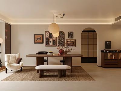 Warm Mid Century Living And Dining Room Interior With Wooden Furniture And Art Wall Decor 3d model