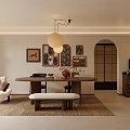 Warm Mid Century Living And Dining Room Interior With Wooden Furniture And Art Wall Decor