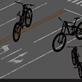 Multiple Mountain Bicycles Parked On Road With Yellow Double Lines And White Arrows 3d model