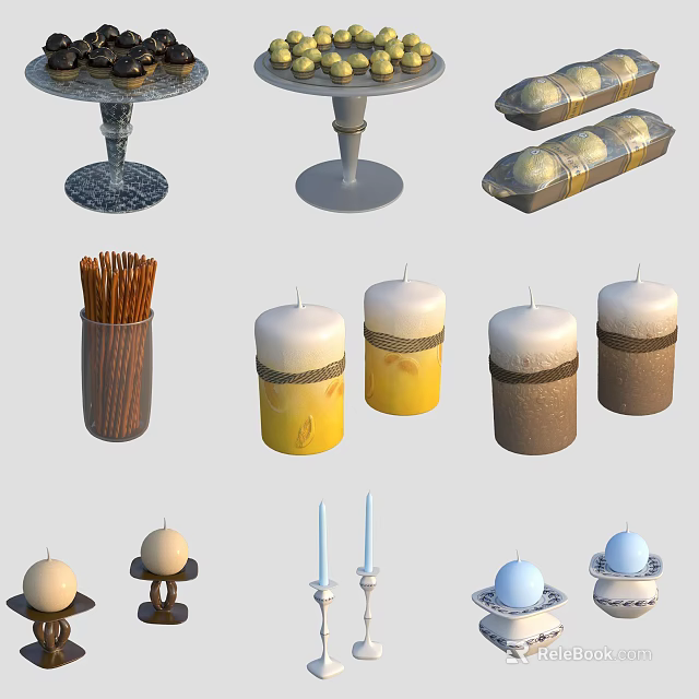 Assorted Homemade Food Items With Breadsticks Loaves And Round Pastries on Trays 3d model 