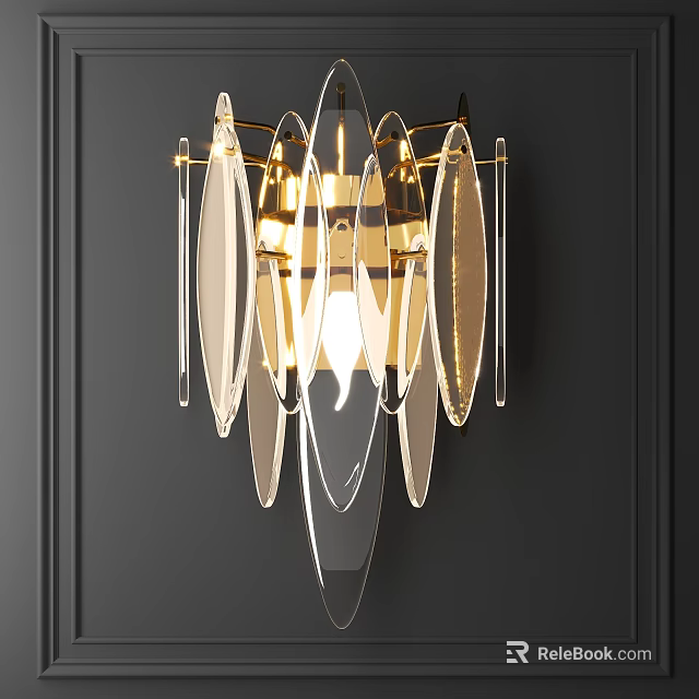 Modern Gold Frame Wall Lamp With Transparent Acrylic Shades On Dark Wall And Warm Glow 3d model 