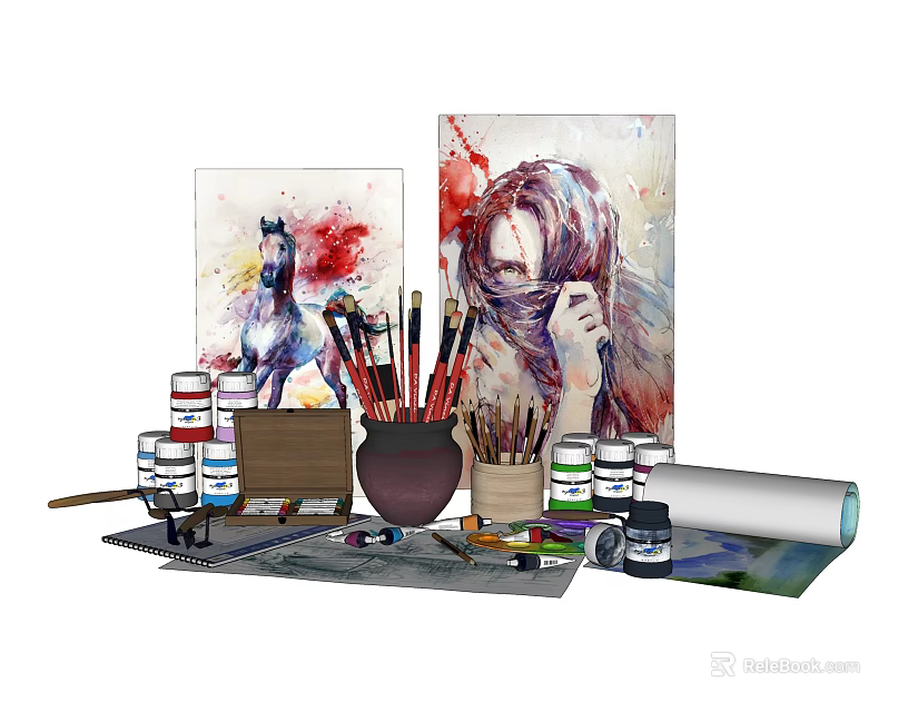 Professional Painting Art Supplies Set With Artworks Brushes Jars Easel And Canvas Rolls 3d model 